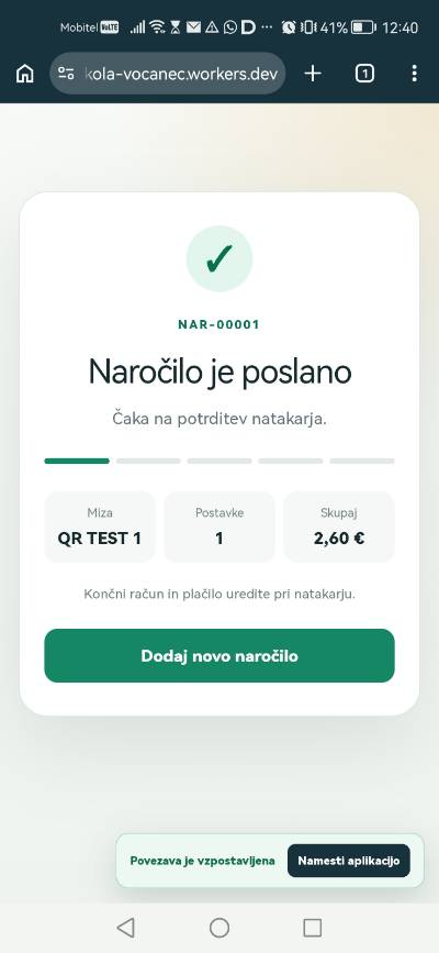 Potrditev poslanega QR naročila